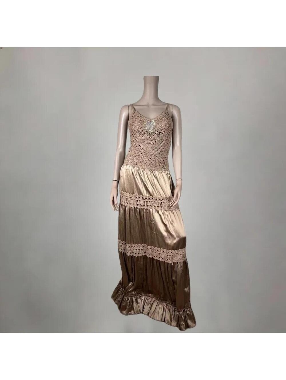 BCBG Tulum Inspired Earthy Brown Crochet Silk and Sequin Maxi Dress Size XS